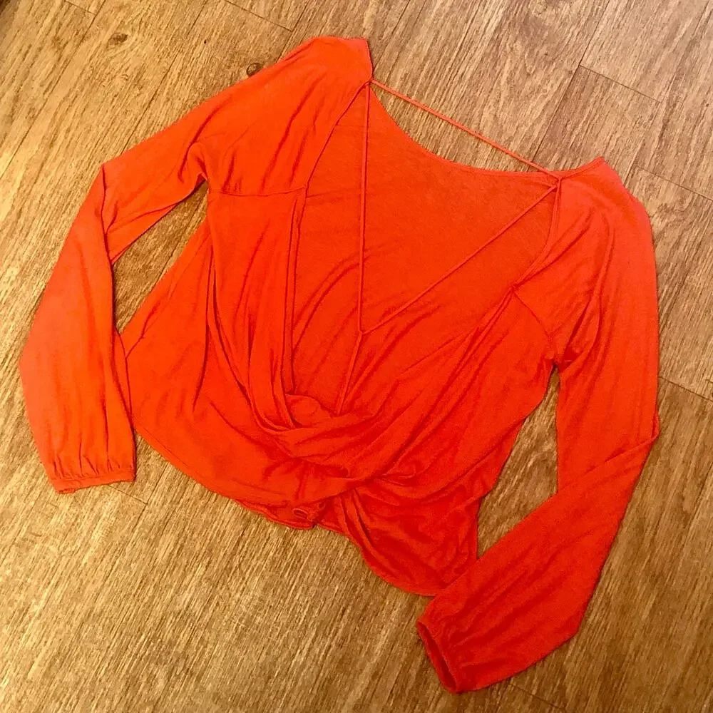 Free People Orange Long Sleeve Open Back Criss-Cross Strap Blouse Size XS